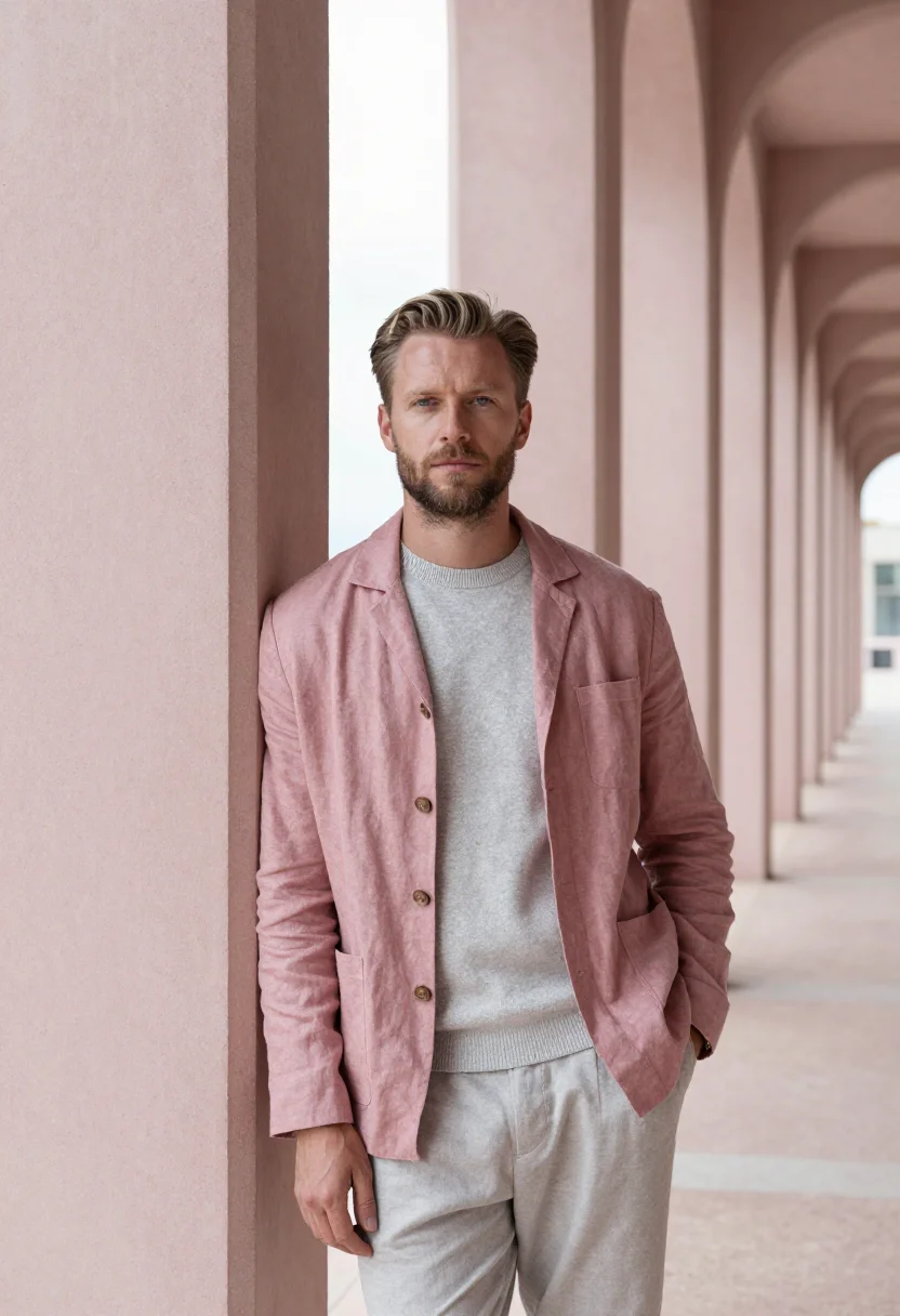 AI le havre architect perret concrete pink sample — portrait of a man, in his early forties, French, with fair s