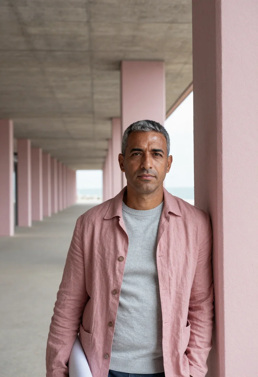 AI le havre architect perret concrete pink sample — portrait of a man, in his mid-fifties, with warm olive skin,