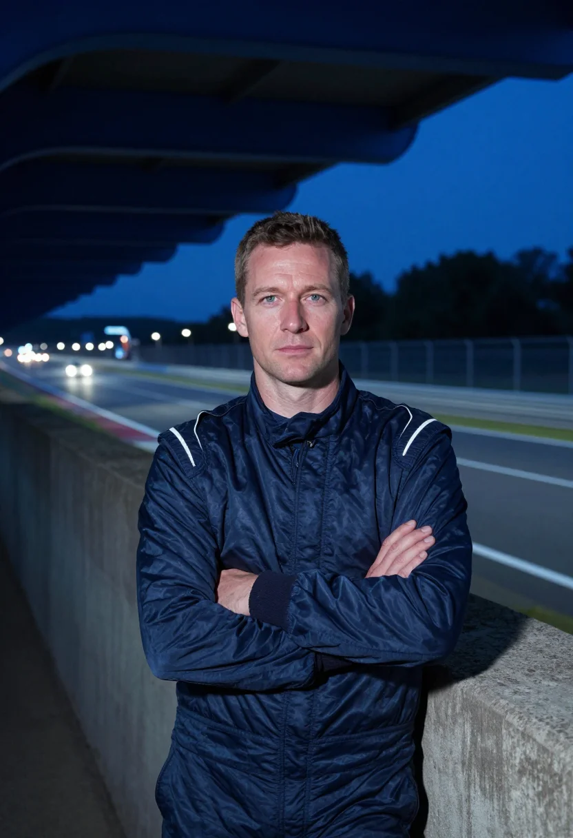 AI le mans dunlop bridge night blue sample — portrait of a man, a German race spectator in his early fort