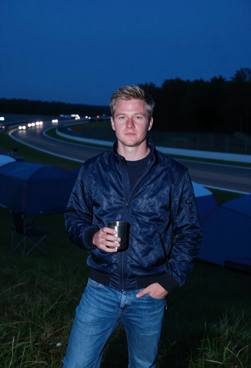AI le mans dunlop bridge night blue sample — portrait of a man, a Danish race spectator in his late twent
