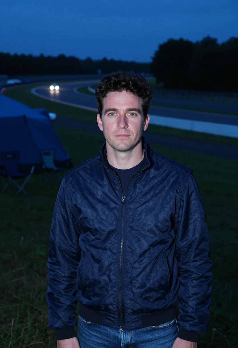 AI le mans dunlop bridge night blue sample — portrait of a man, a Welsh race spectator in his mid-thirtie