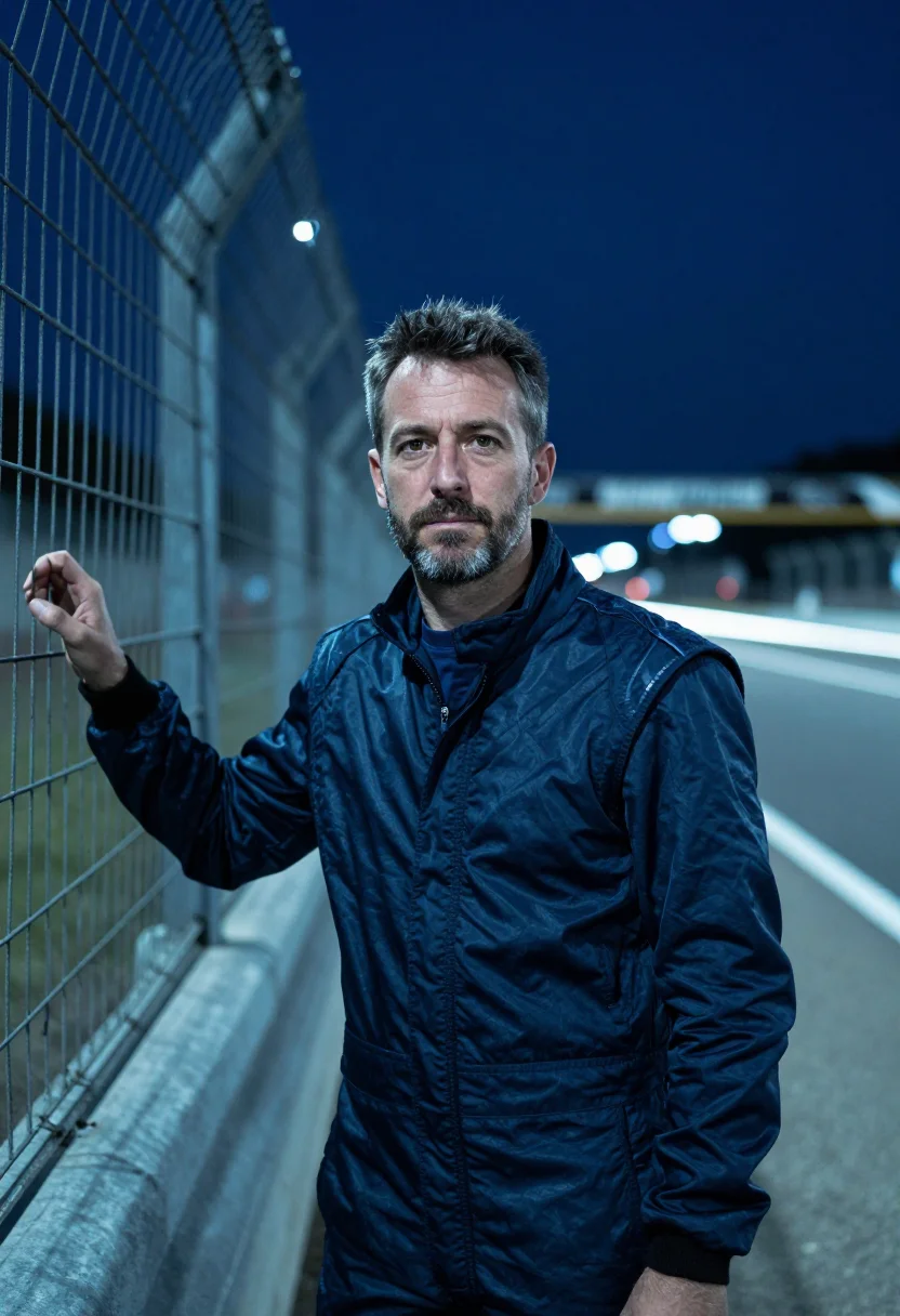 AI le mans dunlop bridge night blue sample — portrait of a man, a Belgian race spectator in his mid-forti