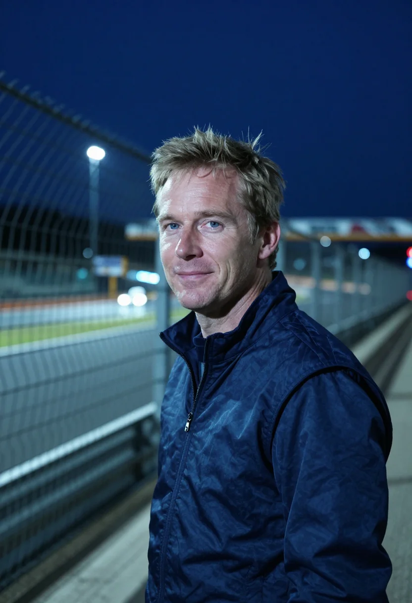 AI le mans dunlop bridge night blue sample — portrait of a man, an English race spectator in his late thi