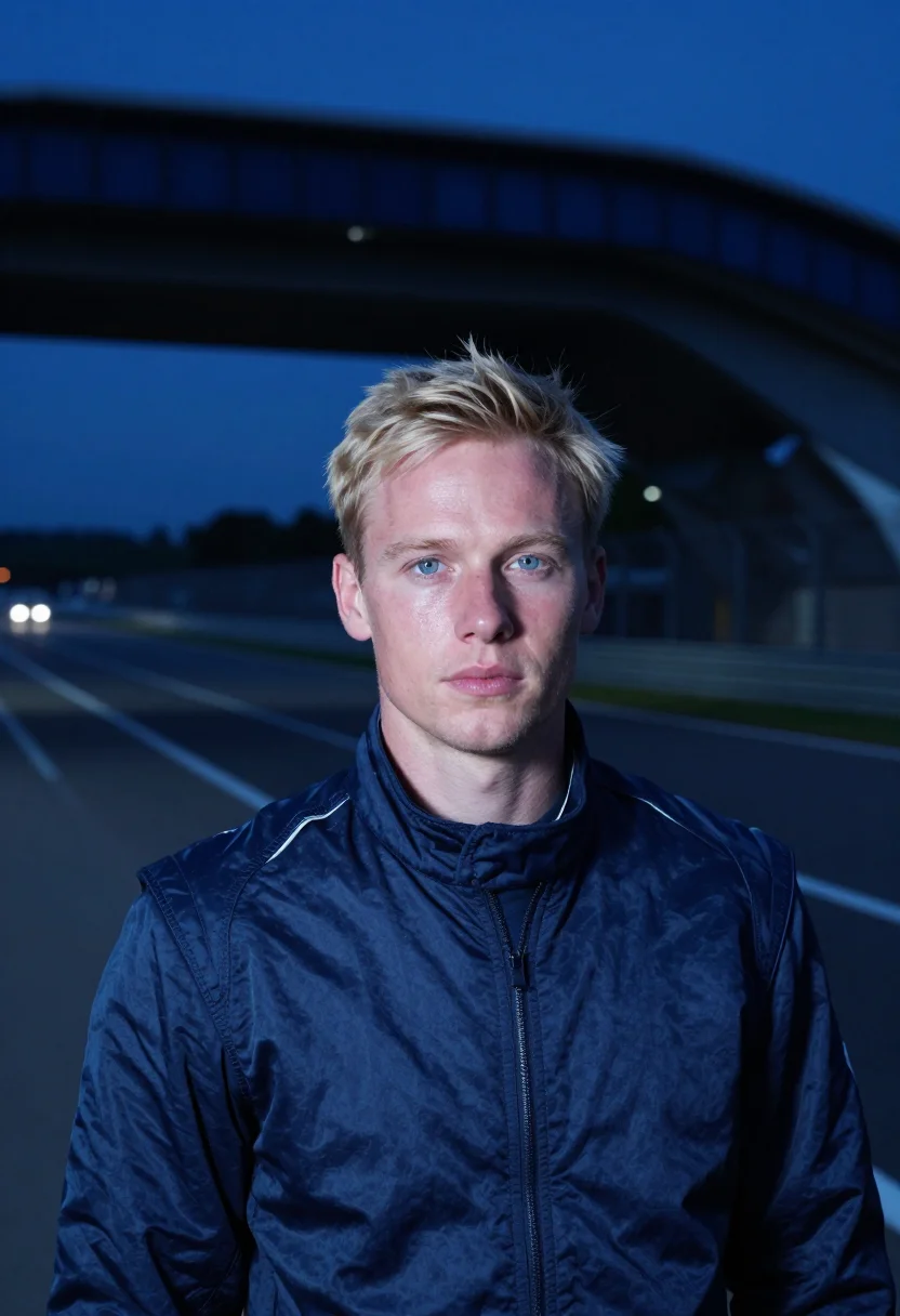 AI le mans dunlop bridge night blue sample — portrait of a man, a Dutch race spectator in his late twenti