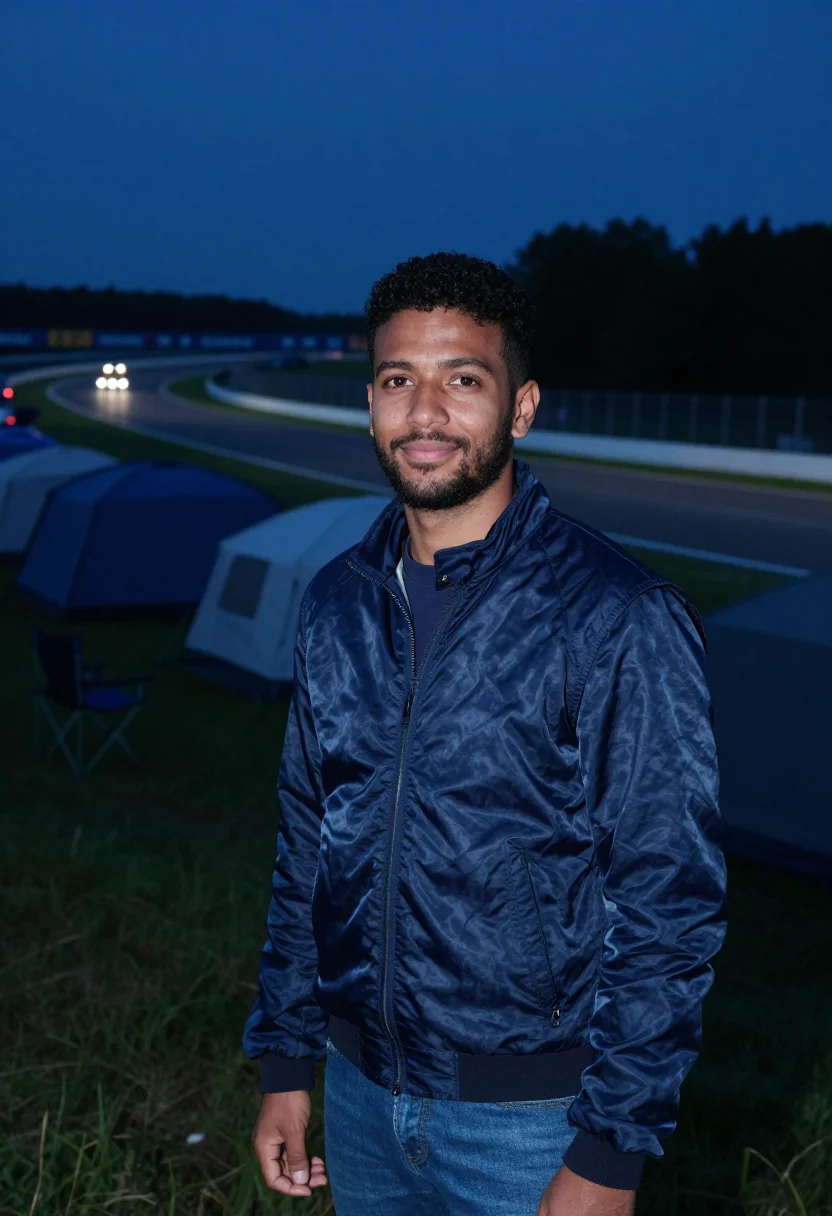 AI le mans dunlop bridge night blue sample — portrait of a man, a Moroccan-French race spectator in his e