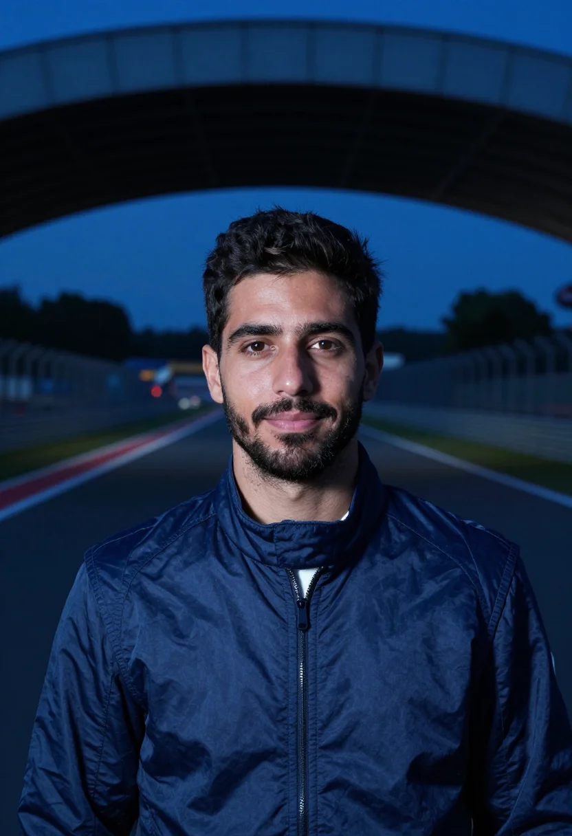 AI le mans dunlop bridge night blue sample — portrait of a man, a Portuguese race spectator in his early