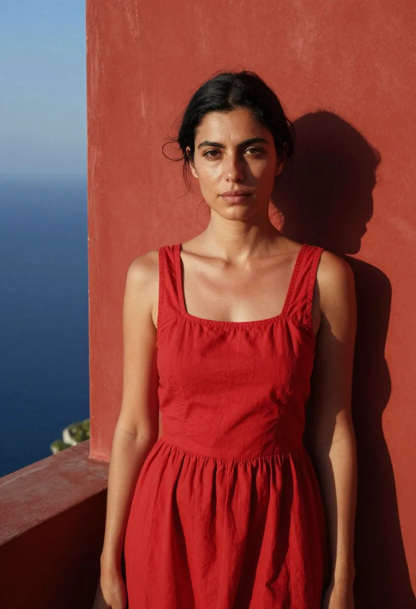 AI le mepris capri casa malaparte red sample — portrait of a woman, a woman in her thirties of Italian desc
