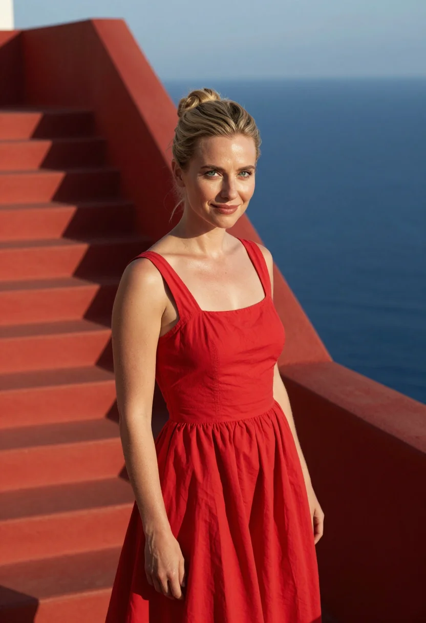 AI le mepris capri casa malaparte red sample — portrait of a woman, a woman in her late twenties of Swedish