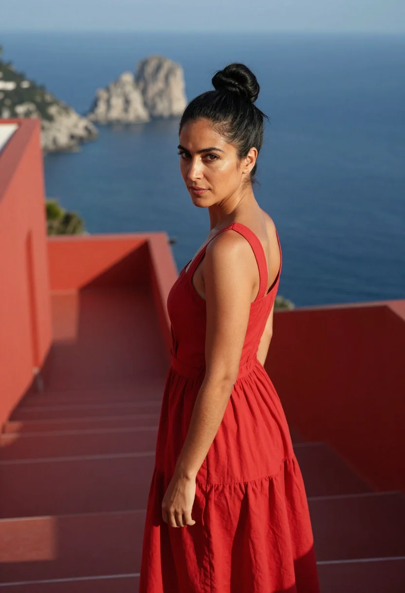 AI le mepris capri casa malaparte red sample — portrait of a woman, a woman in her early thirties of Spanis