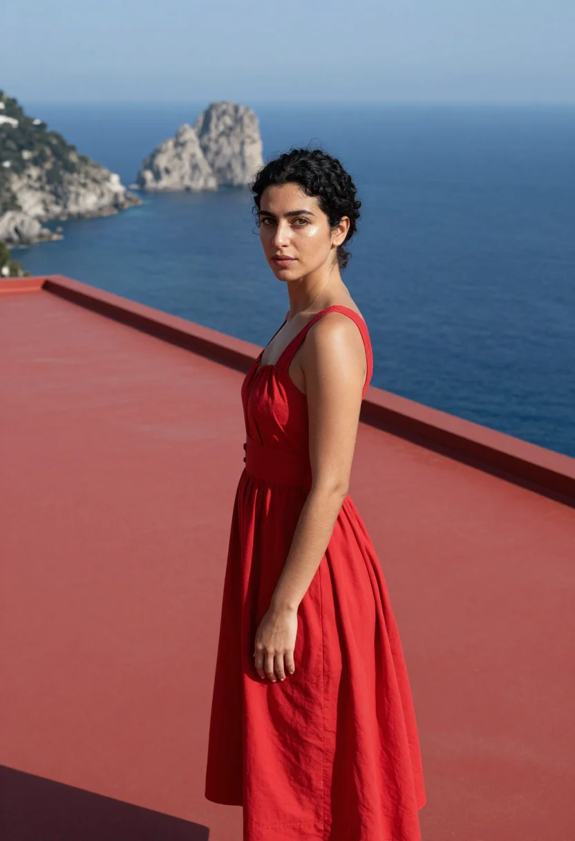 AI le mepris capri casa malaparte red sample — portrait of a woman, a woman in her late twenties of Greek d
