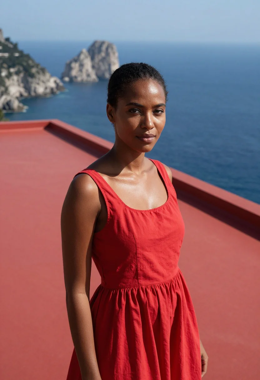AI le mepris capri casa malaparte red sample — portrait of a woman, a woman in her thirties of Ethiopian de