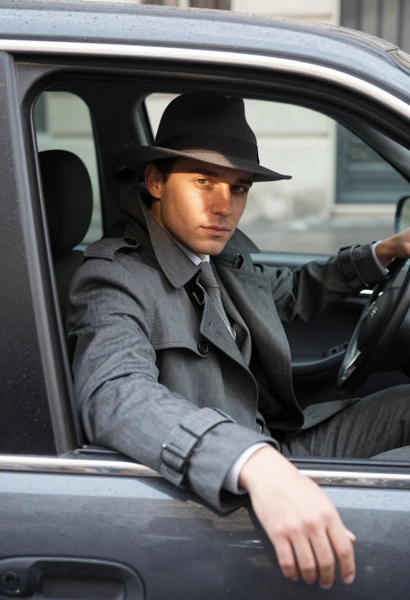 AI le samourai paris january grey trench sample — portrait of a man, framed half-length through the open windo