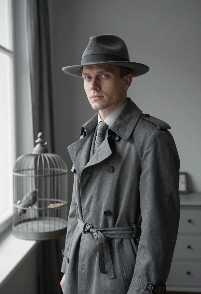 AI le samourai paris january grey trench sample — portrait of a man, framed tight, head and shoulders, the bod