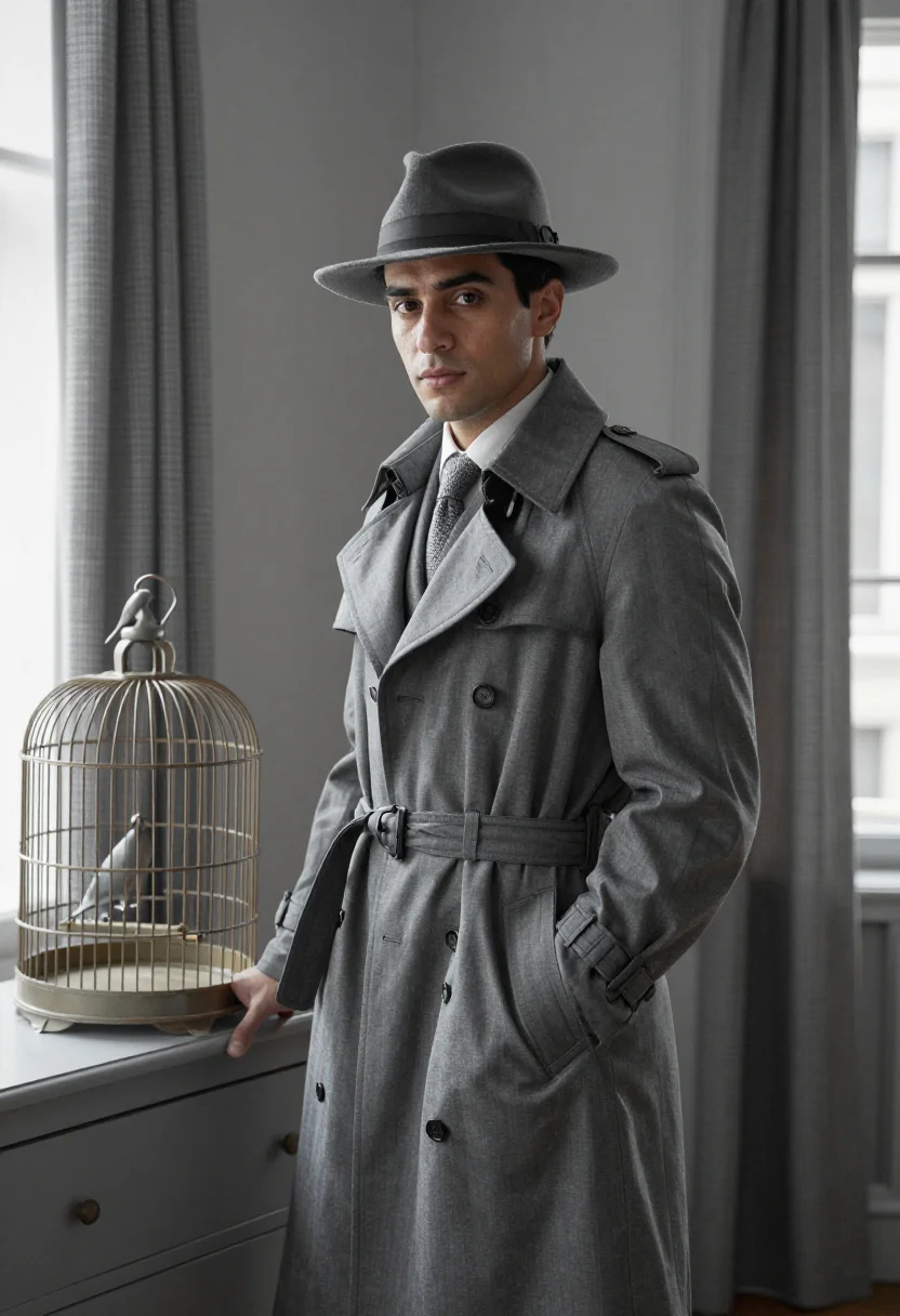 AI le samourai paris january grey trench sample — portrait of a man, framed half-length, cropped at the hip, a