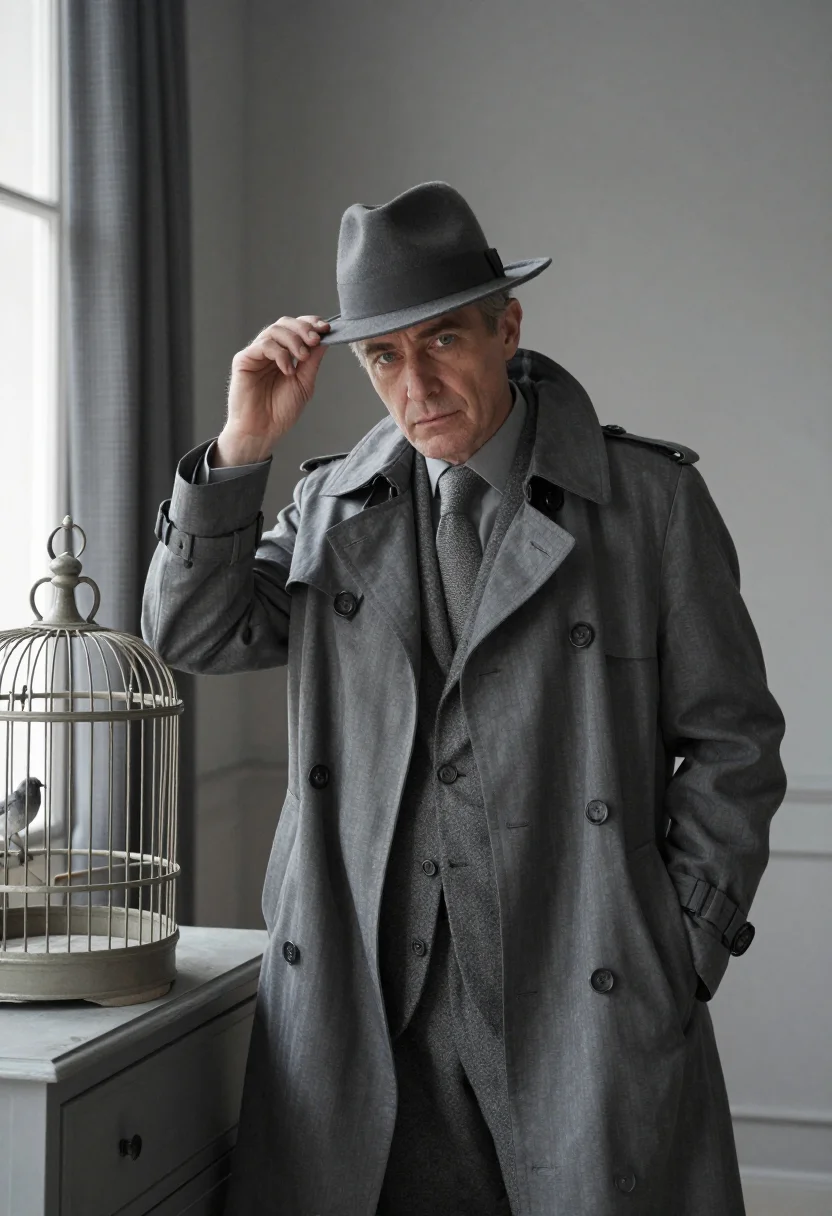 AI le samourai paris january grey trench sample — portrait of a man, framed chest-up, cropped at the ribs, the
