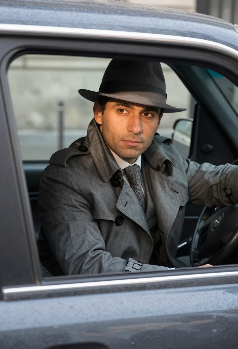 AI le samourai paris january grey trench sample — portrait of a man, framed chest-up, cropped at the ribs, the