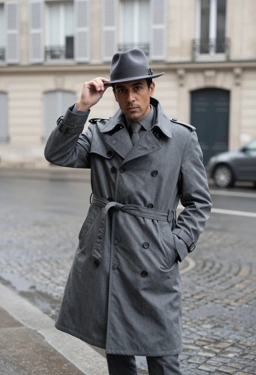 AI le samourai paris january grey trench sample — portrait of a man, framed three-quarter length, from the kne
