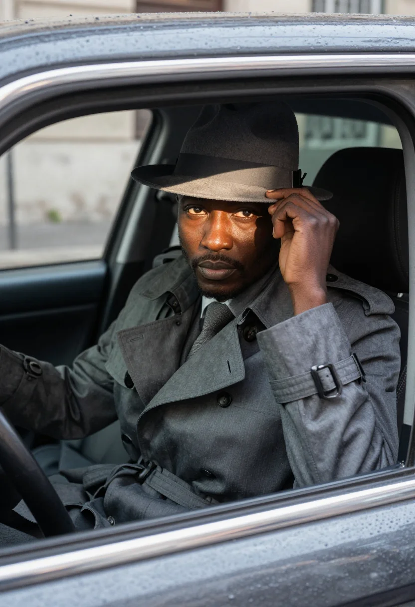 AI le samourai paris january grey trench sample — portrait of a man, framed tight, head and shoulders, the bod