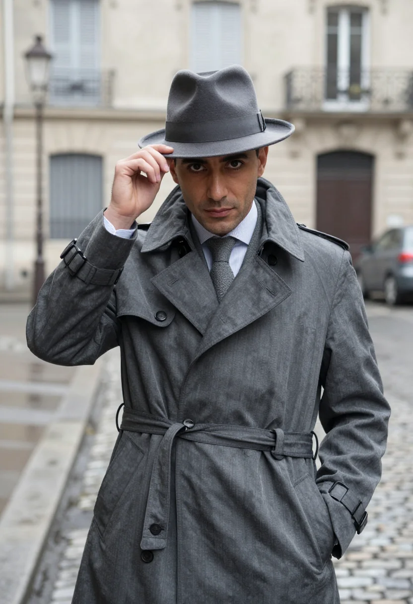 AI le samourai paris january grey trench sample — portrait of a man, framed chest-up, cropped at the ribs, the