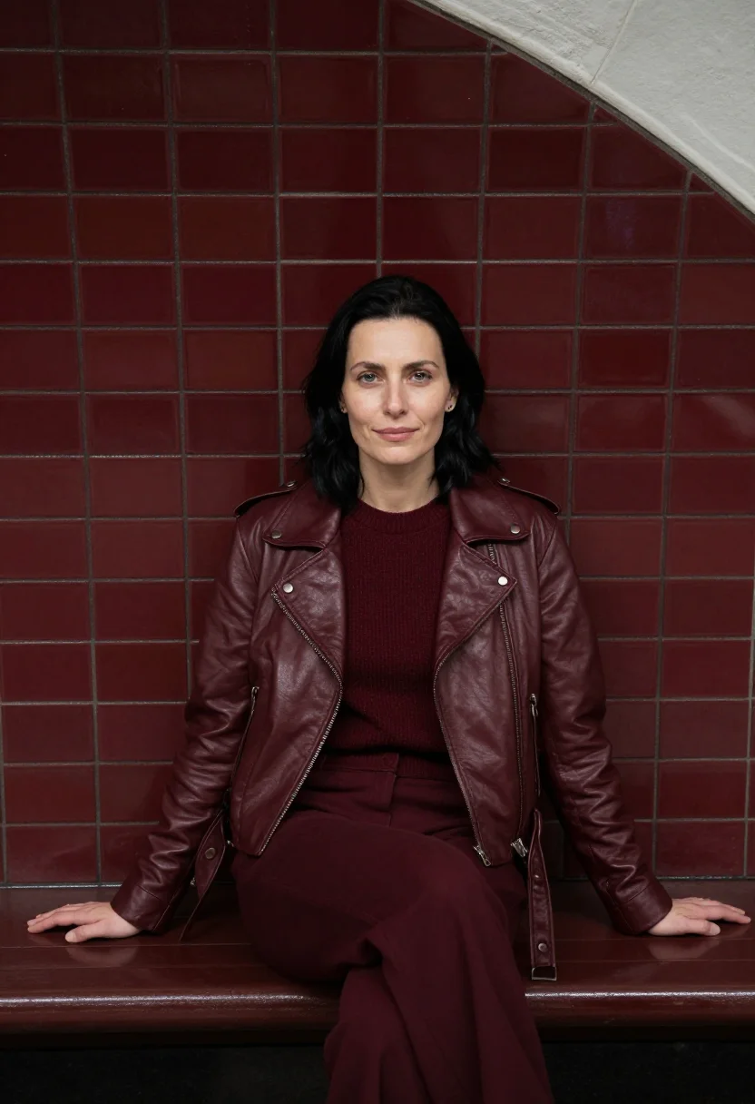 AI leather jacket bordeaux sample — portrait of a woman, a three-quarter-length frame, a woman i