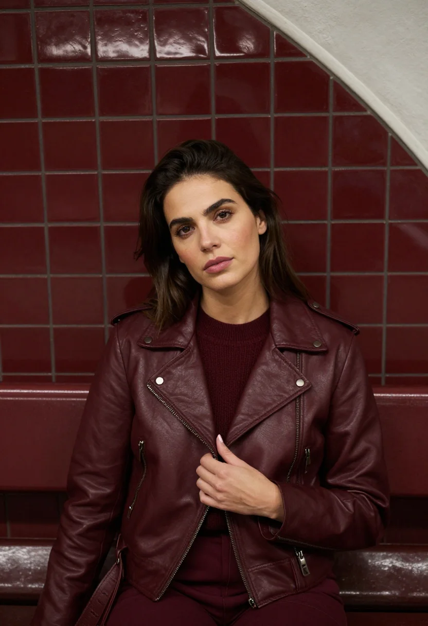 AI leather jacket bordeaux sample — portrait of a woman, framed tight at head and shoulders, a w