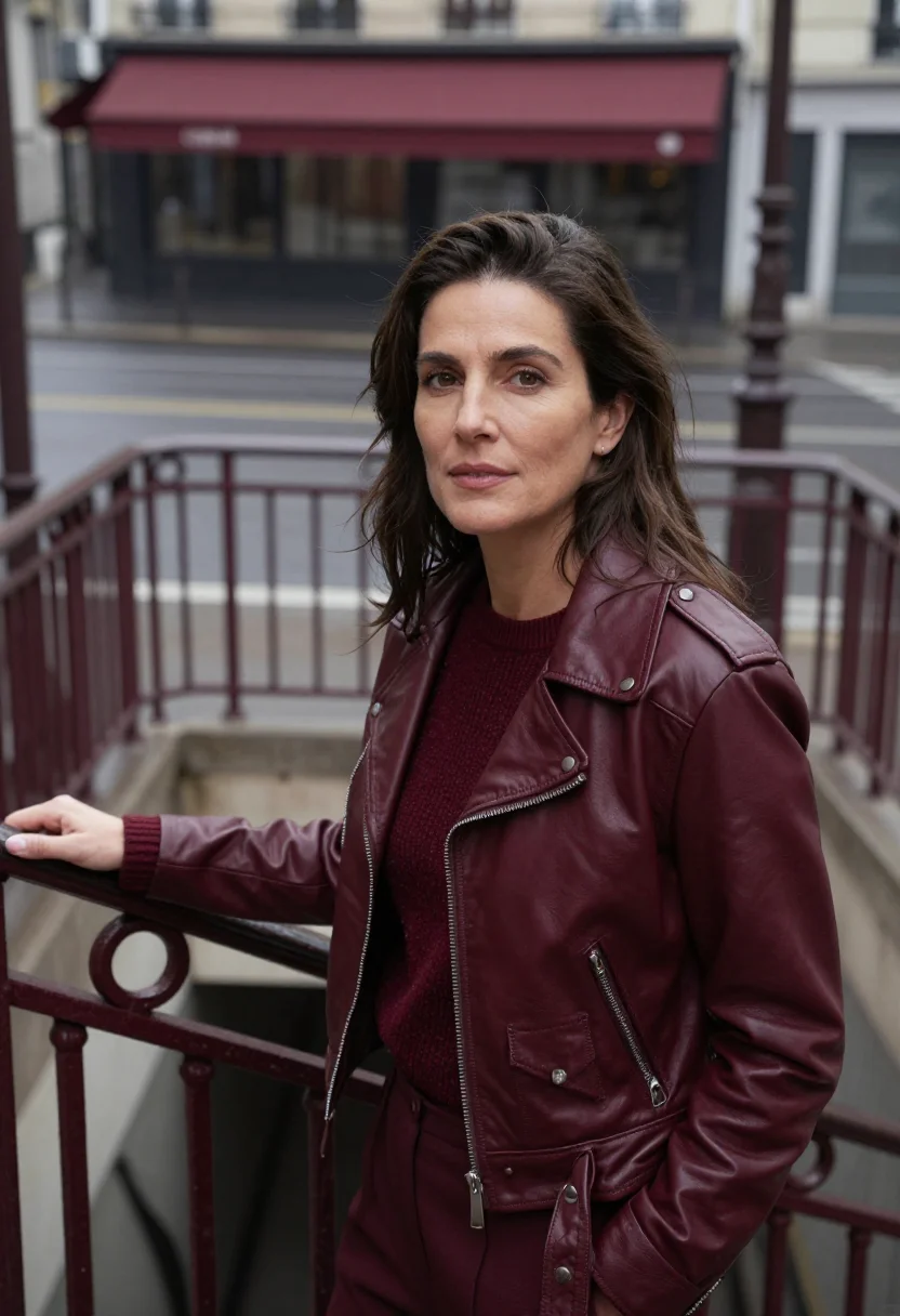 AI leather jacket bordeaux sample — portrait of a woman, framed tight at head and shoulders, a w