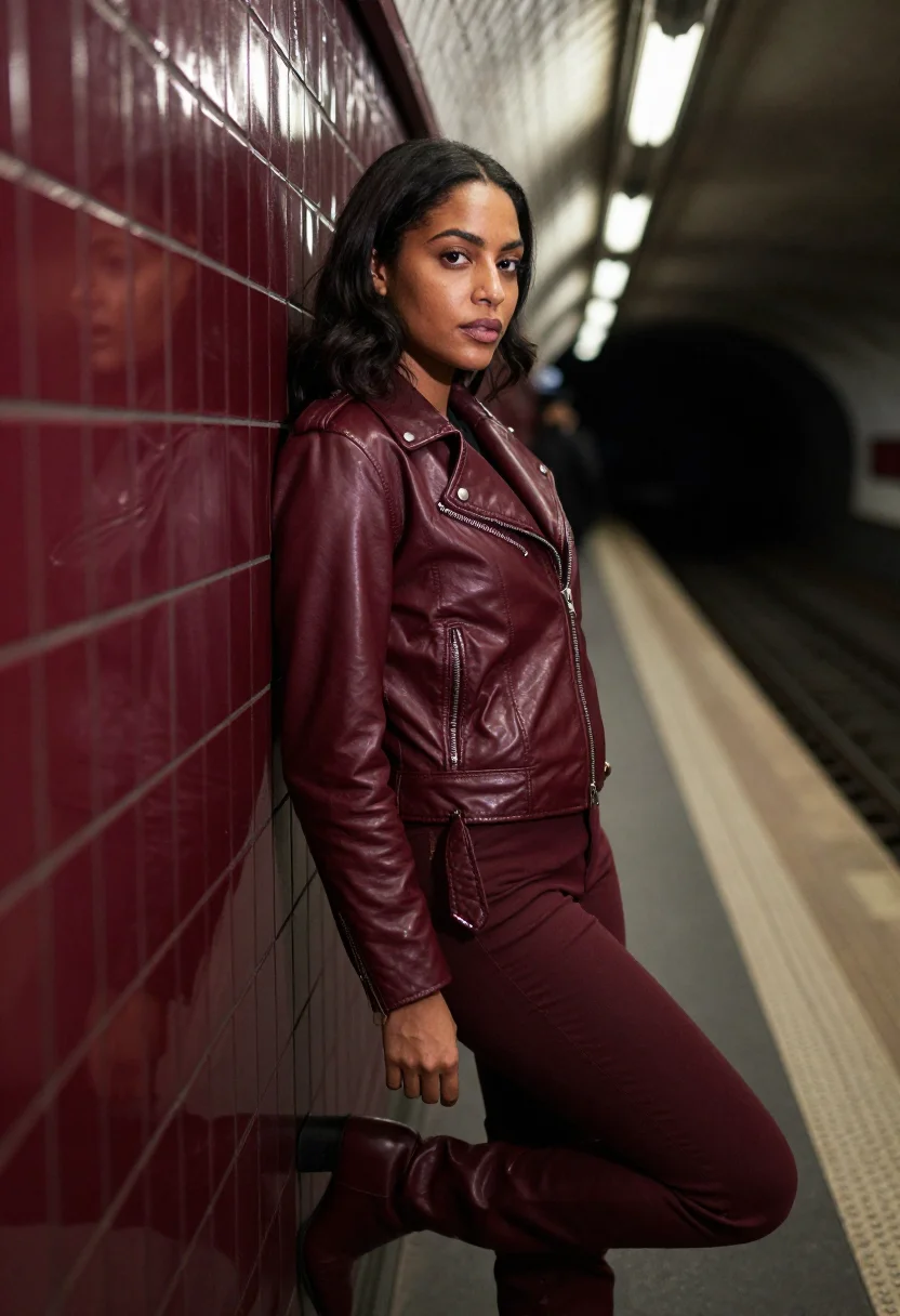 AI leather jacket bordeaux sample — portrait of a woman, a three-quarter-length frame, a woman i