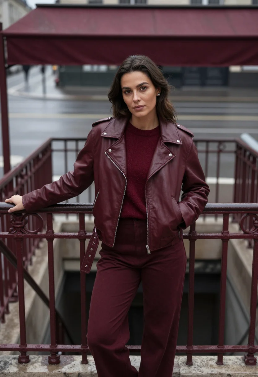 AI leather jacket bordeaux sample — portrait of a woman, a three-quarter-length frame, a woman i