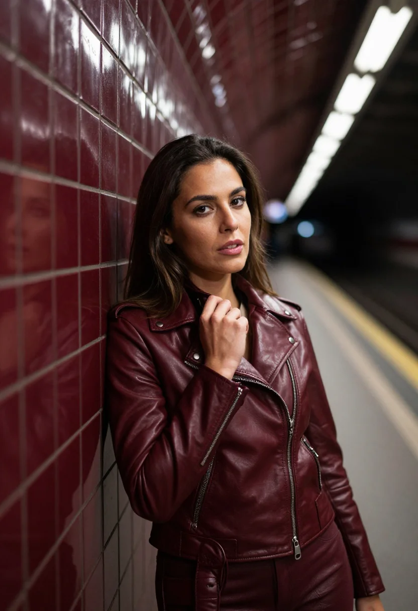 AI leather jacket bordeaux sample — portrait of a woman, framed tight at head and shoulders, a M