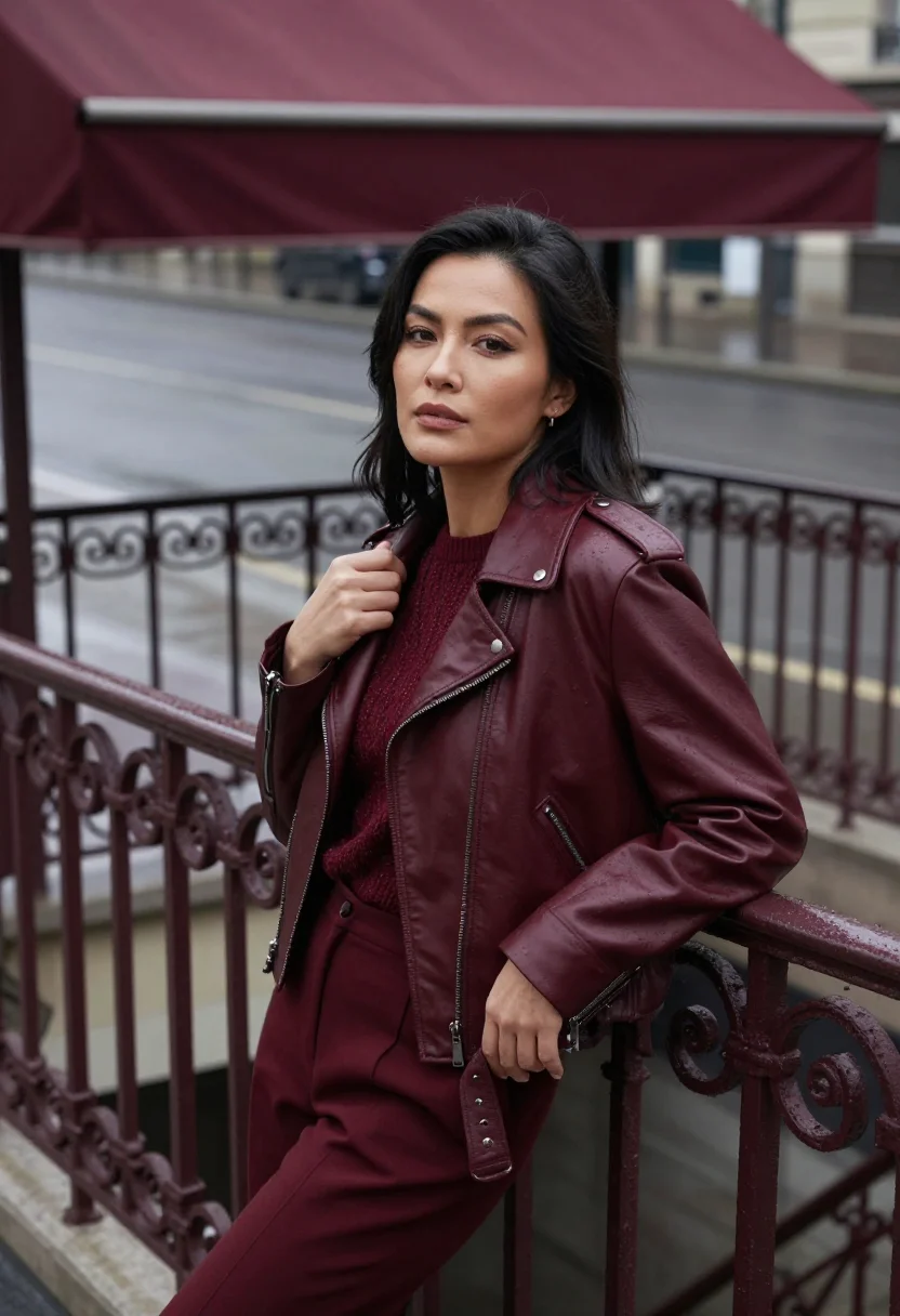 AI leather jacket bordeaux sample — portrait of a woman, a half-length frame, a woman of mixed F