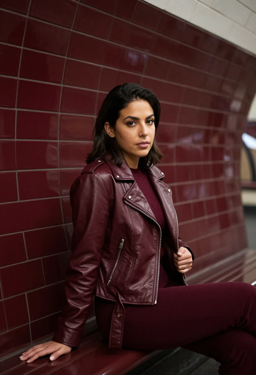 AI leather jacket bordeaux sample — portrait of a woman, a half-length frame, a woman in her ear