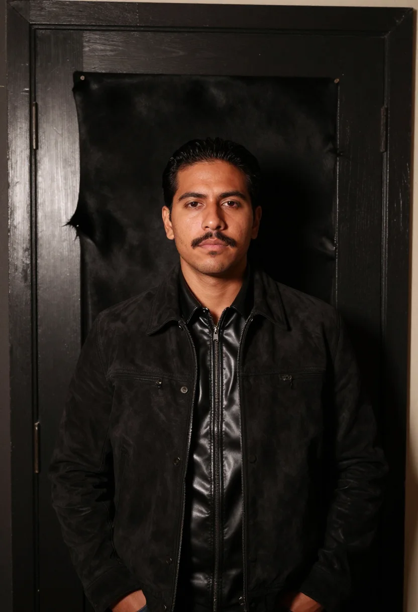 AI leather on leather sample — portrait of a man, chest-up portrait of a Latin-American man
