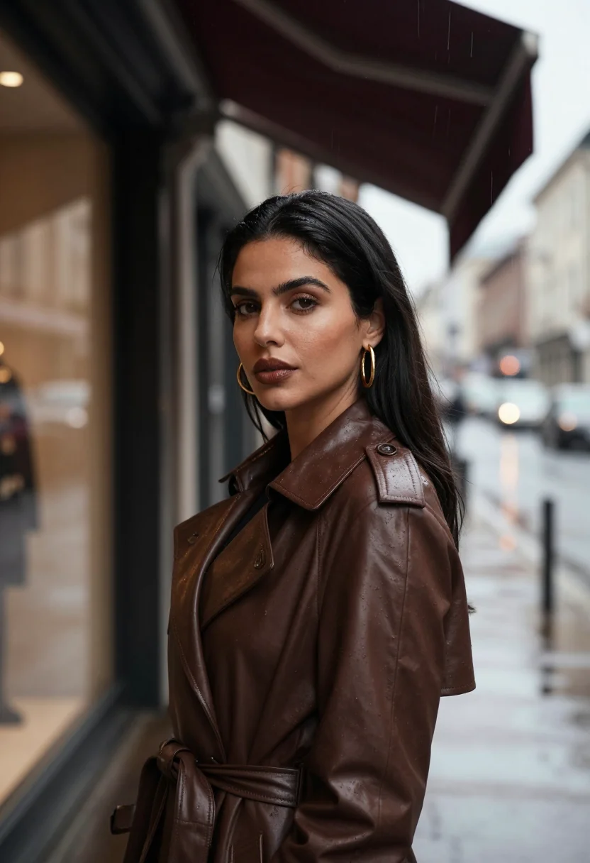 AI leather trench chocolate sample — portrait of a woman, framed chest-up from the ribs with the