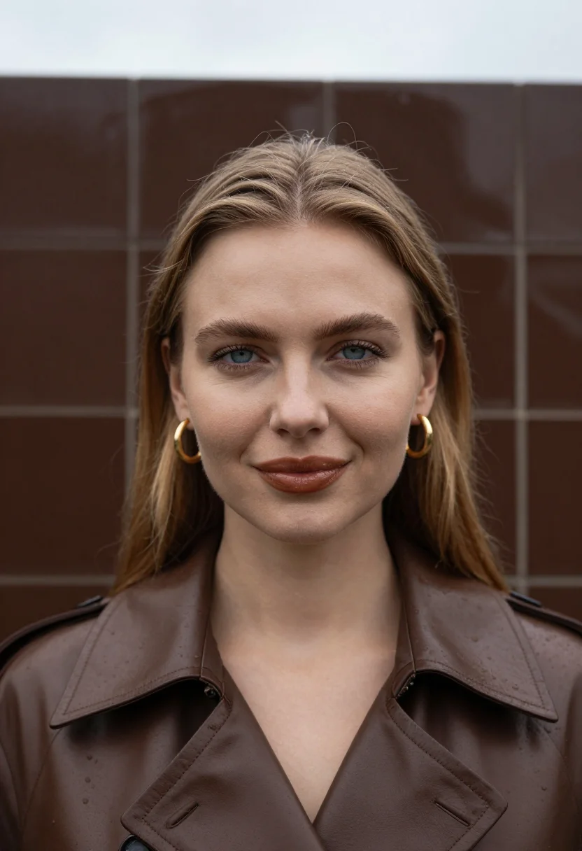 AI leather trench chocolate sample — portrait of a woman, framed as a tight headshot from the cro