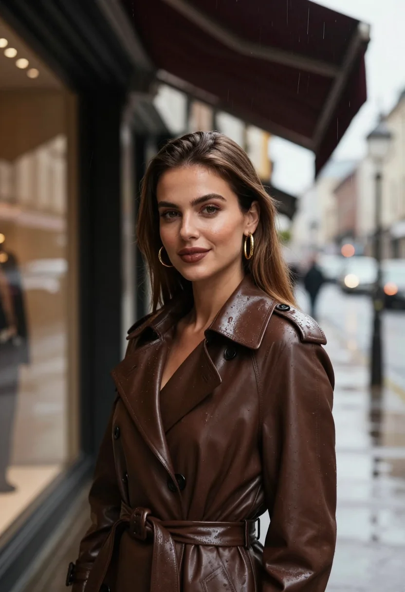 AI leather trench chocolate sample — portrait of a woman, framed chest-up from the ribs with the