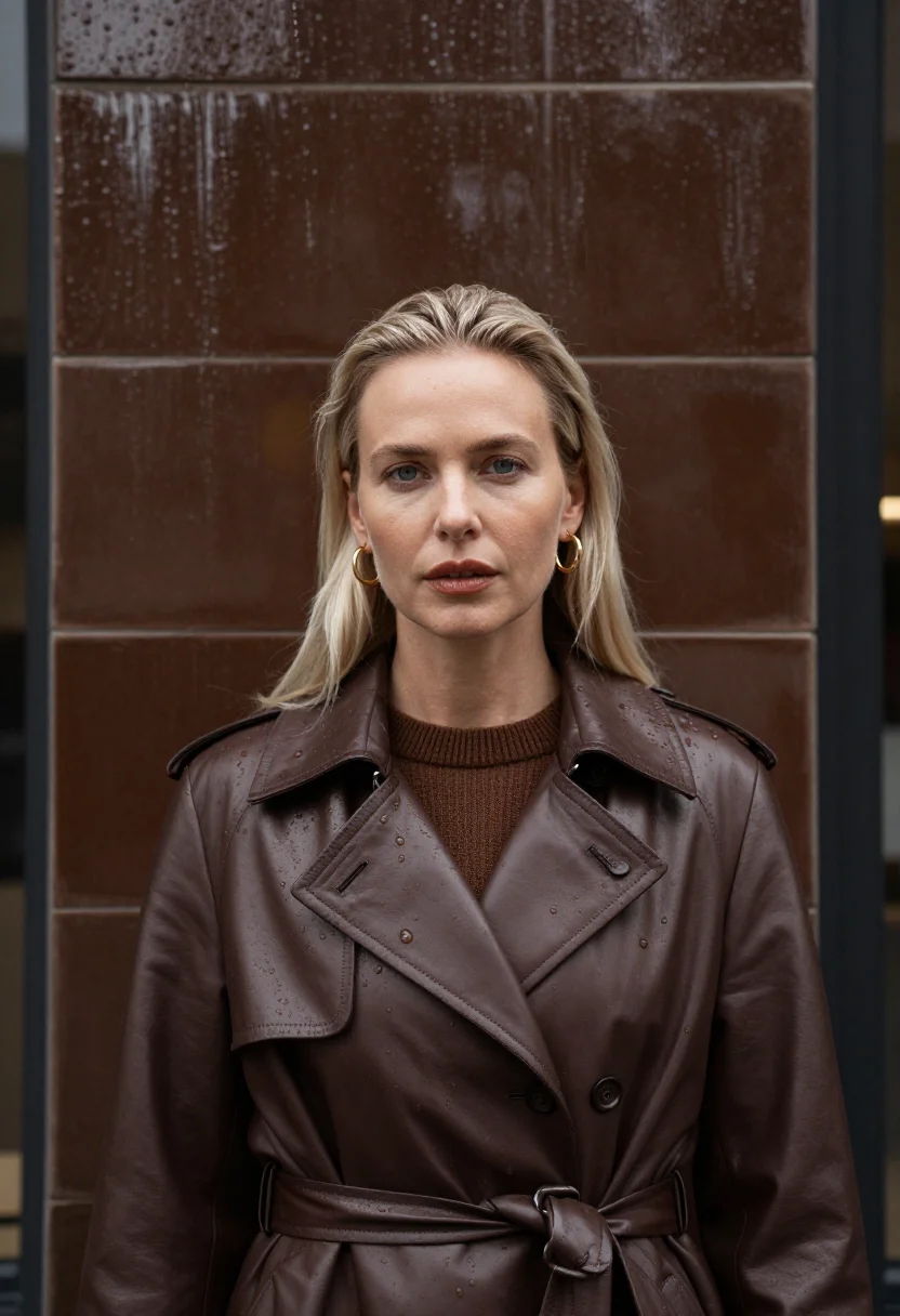 AI leather trench chocolate sample — portrait of a woman, framed head and shoulders, tighter, the