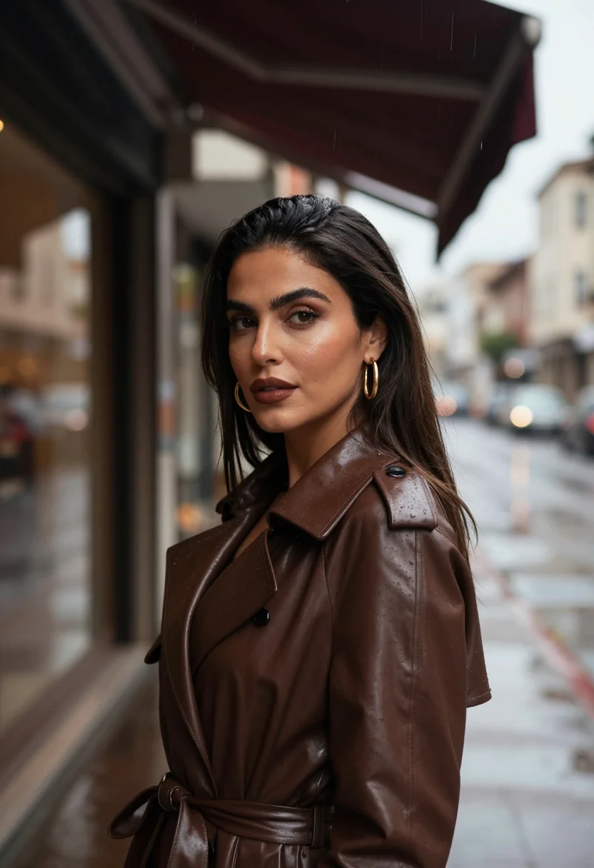 AI leather trench chocolate sample — portrait of a woman, framed head and shoulders, tighter, the