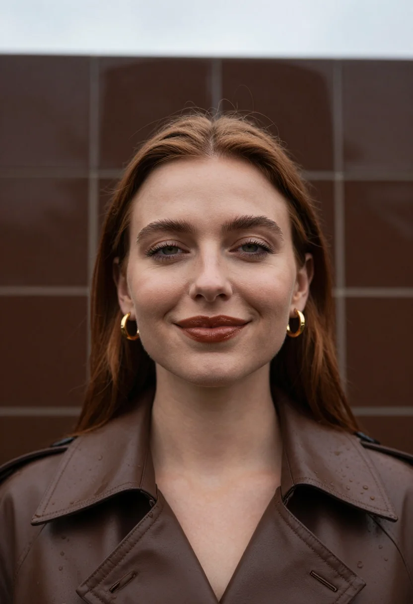 AI leather trench chocolate sample — portrait of a woman, framed as a tight headshot from the cro