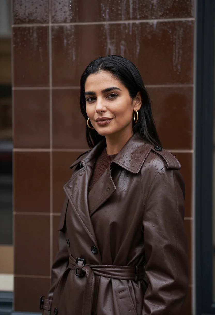 AI leather trench chocolate sample — portrait of a woman, framed chest-up from the ribs with the