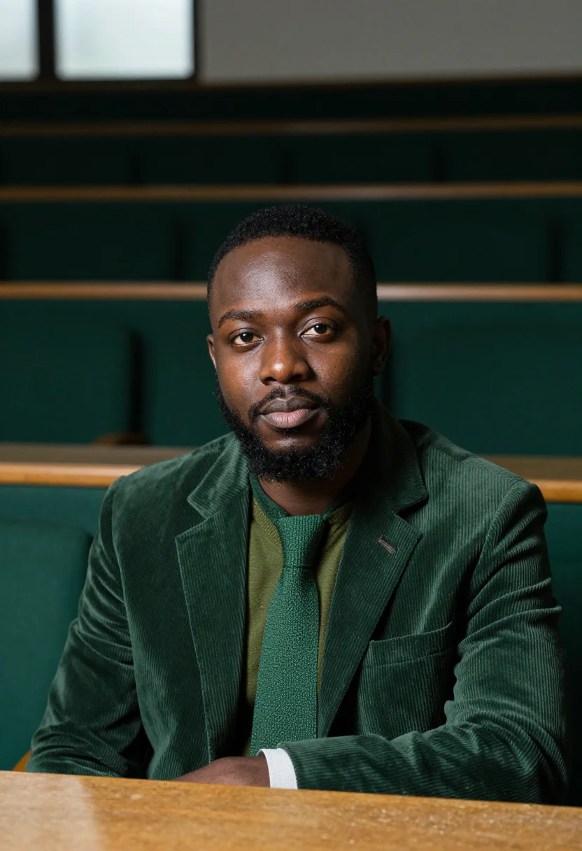 AI lecturer cord bottle sample — portrait of a man, tight headshot of a Black British man of