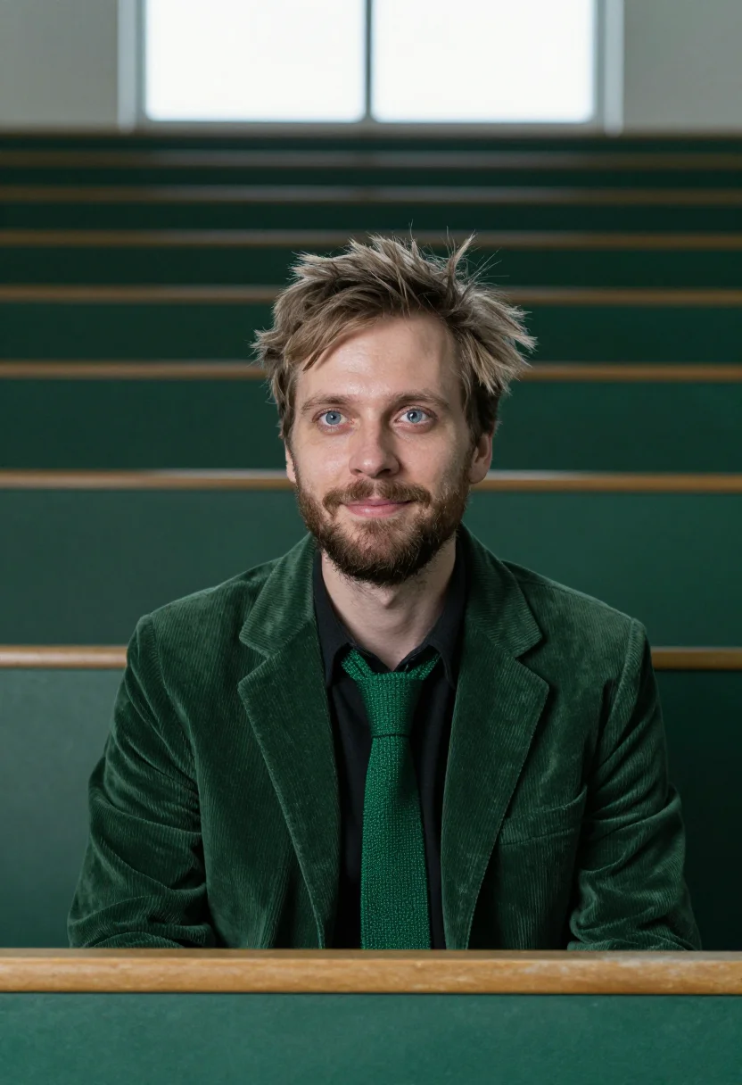 AI lecturer cord bottle sample — portrait of a man, tight headshot of a Western-European man