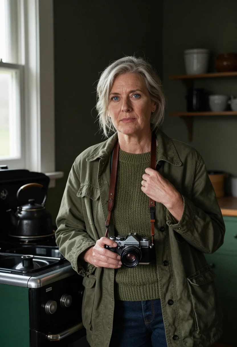 AI lee miller farley farm january olive sample — portrait of a woman, framed half-length from the head to the
