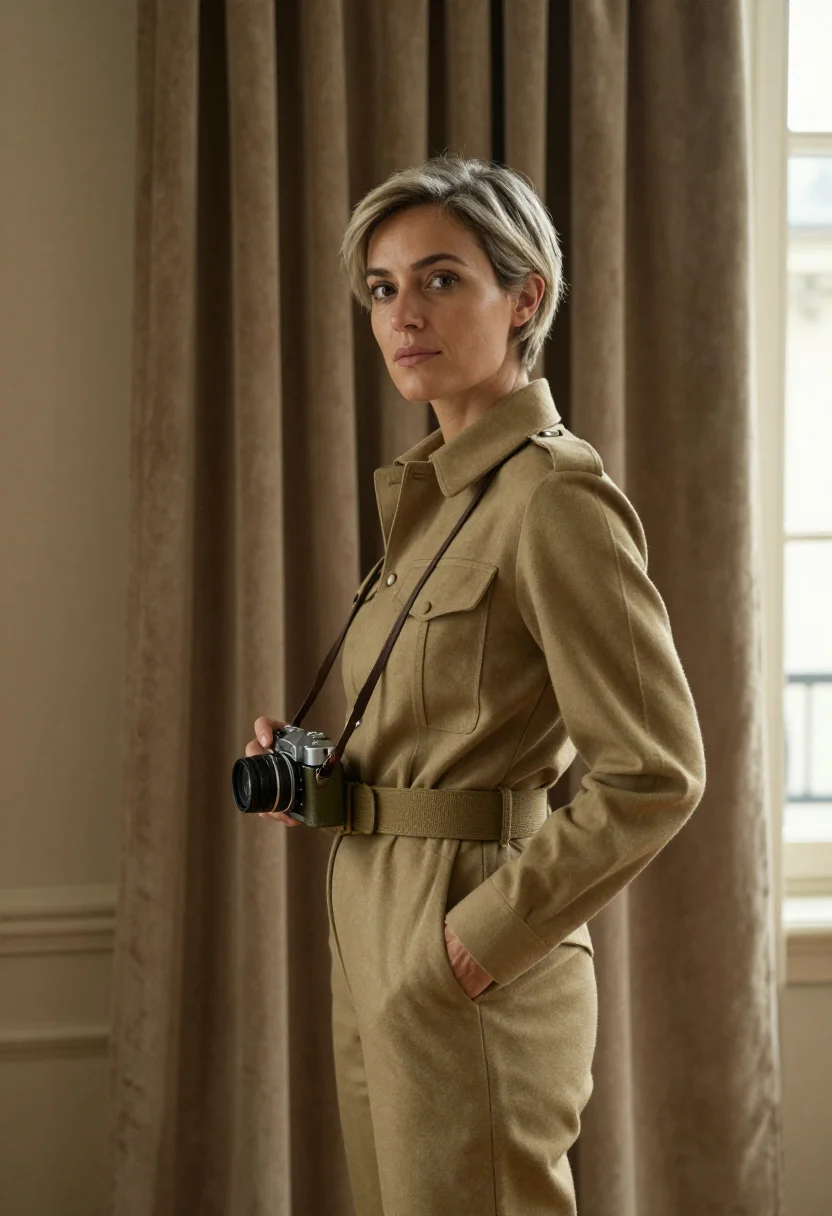 AI lee miller paris liberation khaki sample — portrait of a woman, framed half-length, cropped at the hips