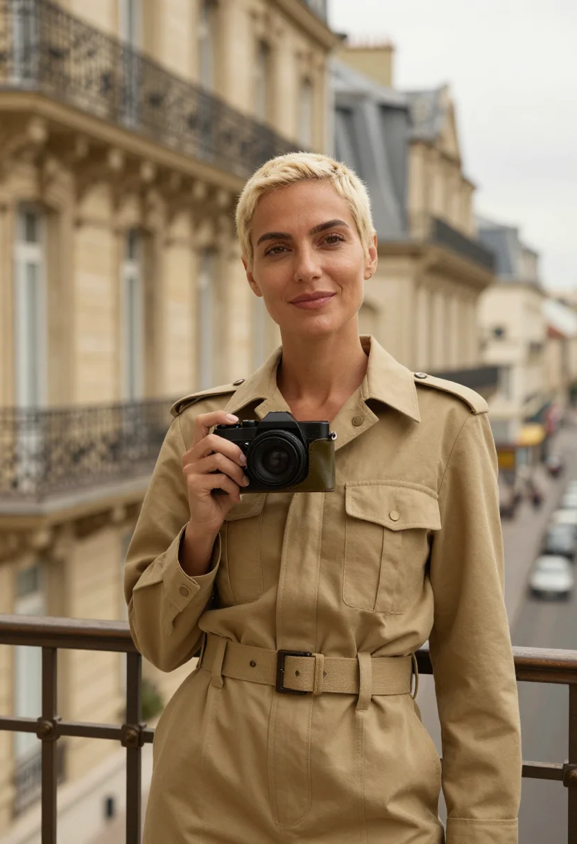 AI lee miller paris liberation khaki sample — portrait of a woman, framed chest-up, cropped at the ribs, t