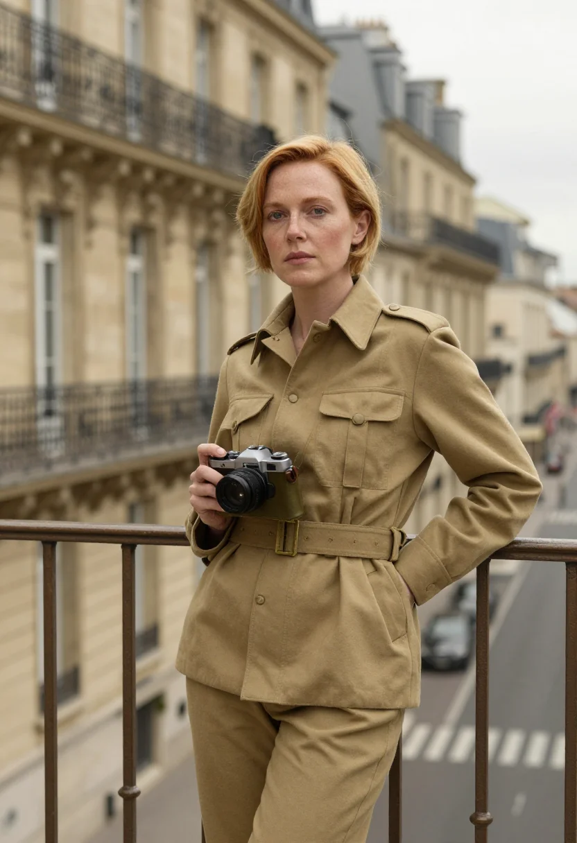 AI lee miller paris liberation khaki sample — portrait of a woman, framed three-quarter length, cropped at