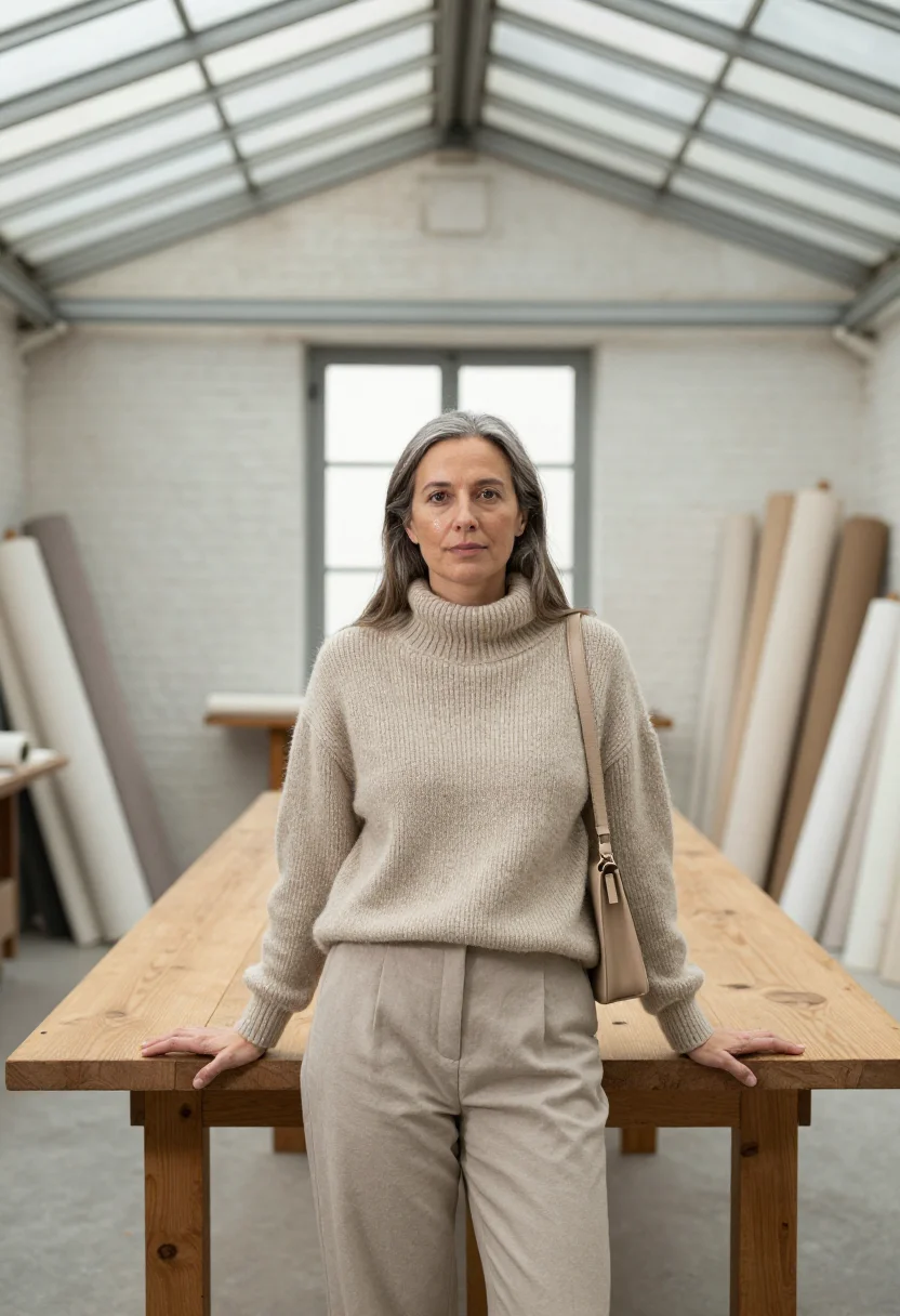 AI lemaire belleville studio oatmeal knit sample — portrait of a woman, a French woman in her late forties with