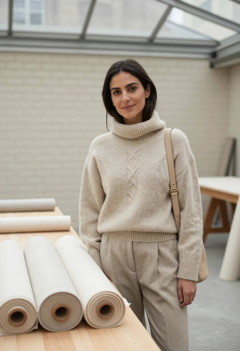 AI lemaire belleville studio oatmeal knit sample — portrait of a woman, an Italian woman in her early forties w