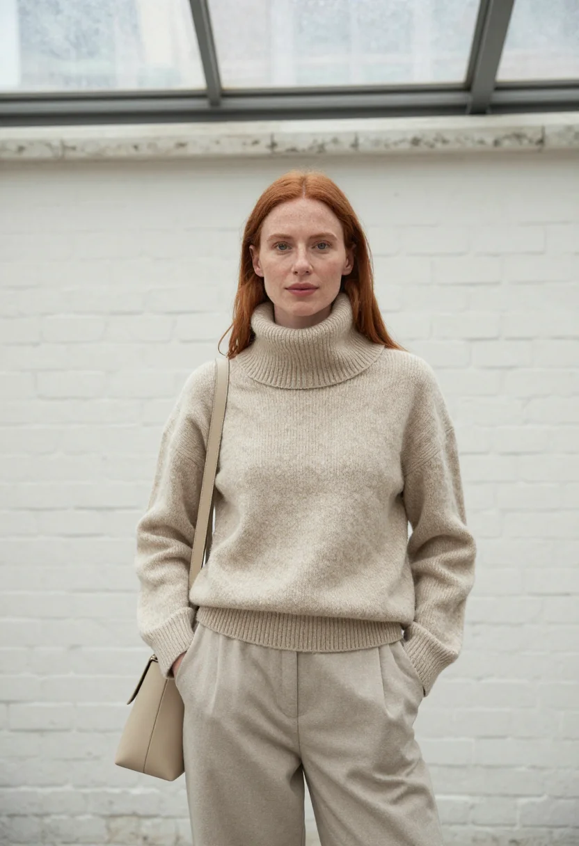 AI lemaire belleville studio oatmeal knit sample — portrait of a woman, an Irish woman in her mid-thirties with