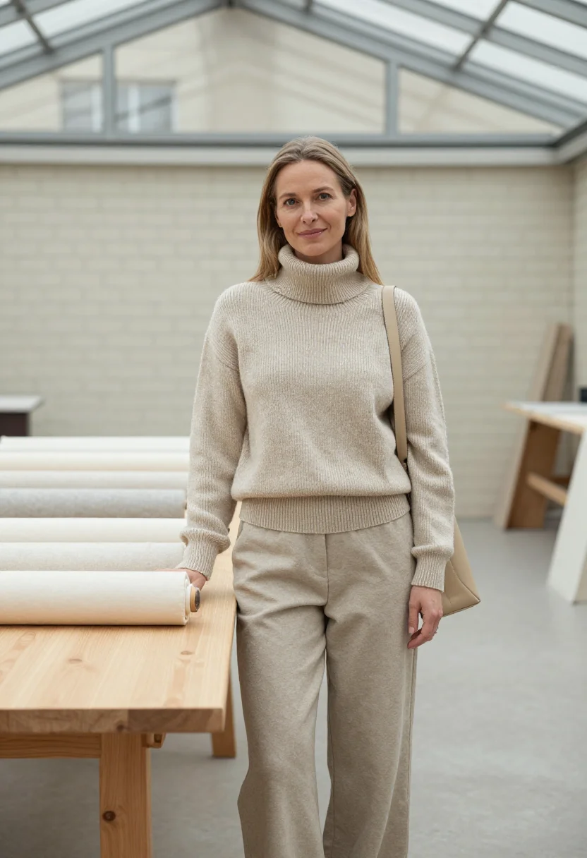 AI lemaire belleville studio oatmeal knit sample — portrait of a woman, a German woman in her late thirties wit