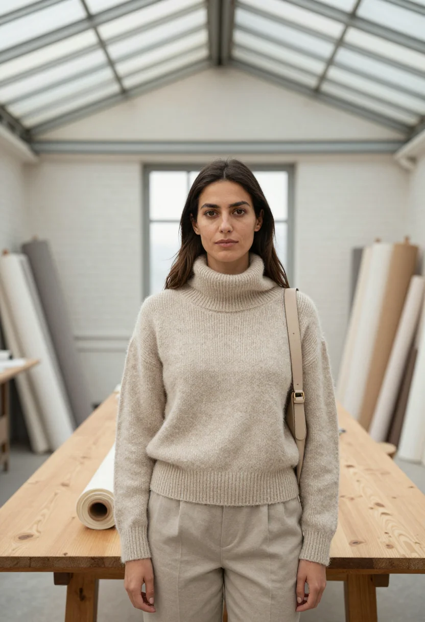 AI lemaire belleville studio oatmeal knit sample — portrait of a woman, a Spanish woman in her late twenties wi